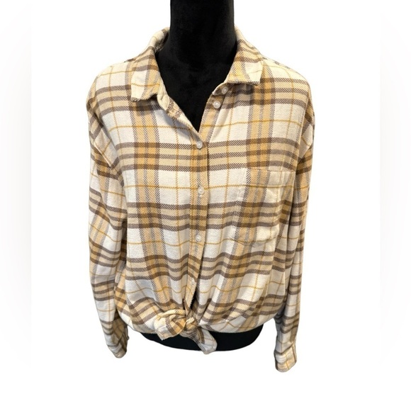 American Eagle Tan & Brown Plaid Button Down Long Sleeve Shirt Women's Size M - Picture 1 of 14